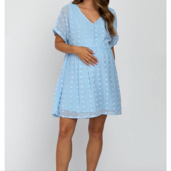 Pinkblush Dresses & Skirts - Pinkblush Light Blue V Neck Textured Swiss Dot Maternity Mini Dress Size Medium